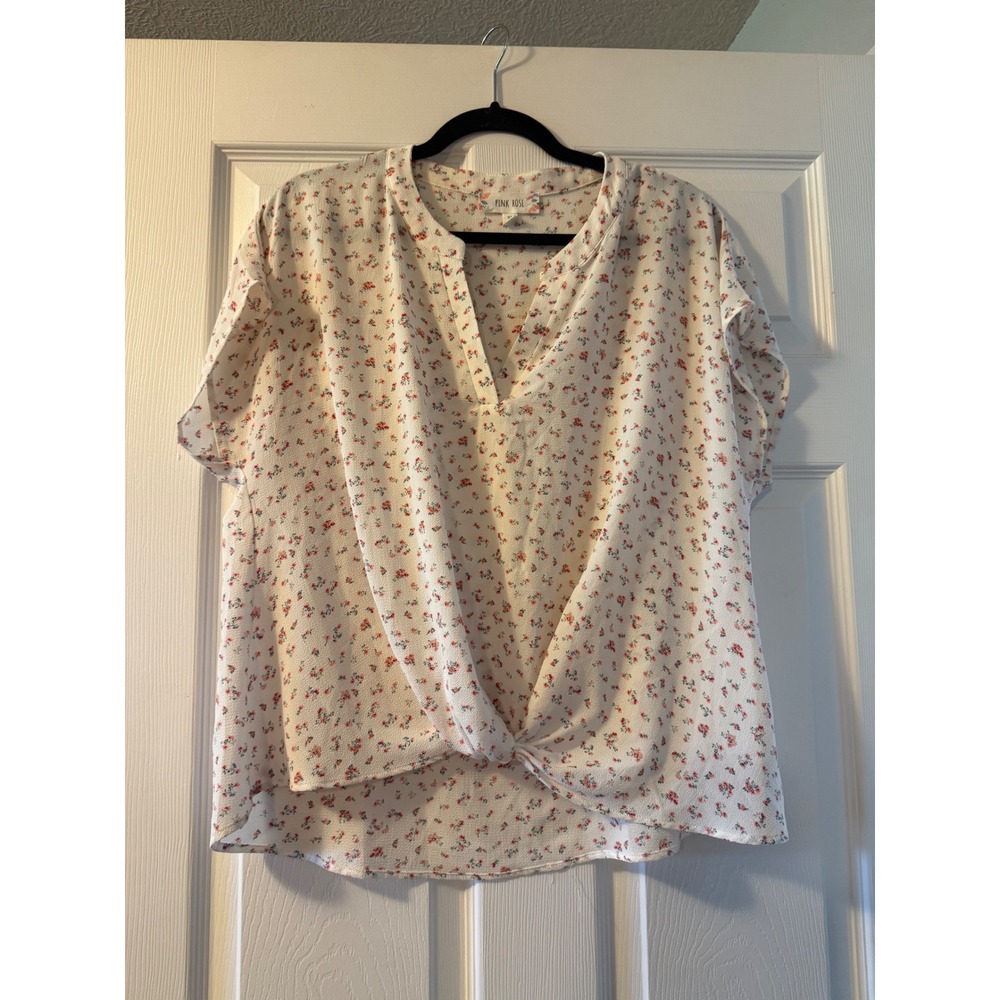 Pink Rose Floral Twist Front V-Neck Blouse White Red Blue Short Sleeve XL